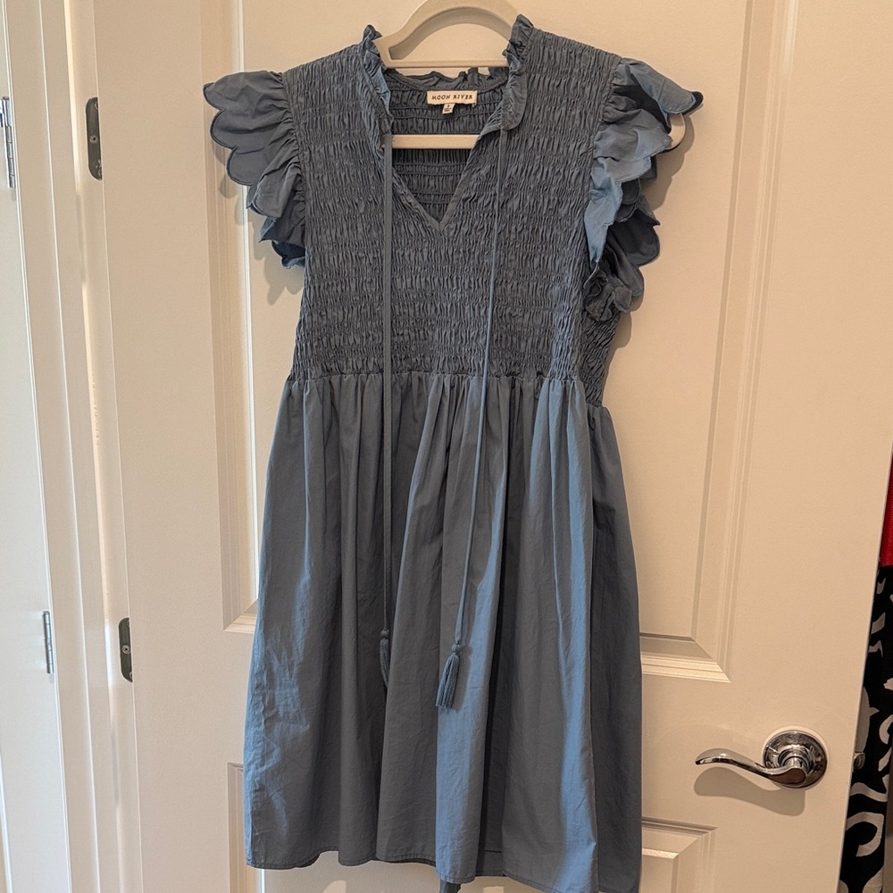 Moon River Blue Smocked Dress with Ruffled Sleeves Size Small